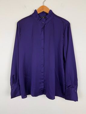 Ann Taylor Deep Purple Button Front Ruffle Collar Top